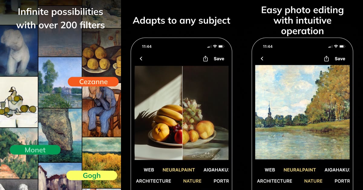 NeuralPaint screens: a wall of painter filters, a fruit still life split between photo and painting, and a lakeside landscape as an oil painting