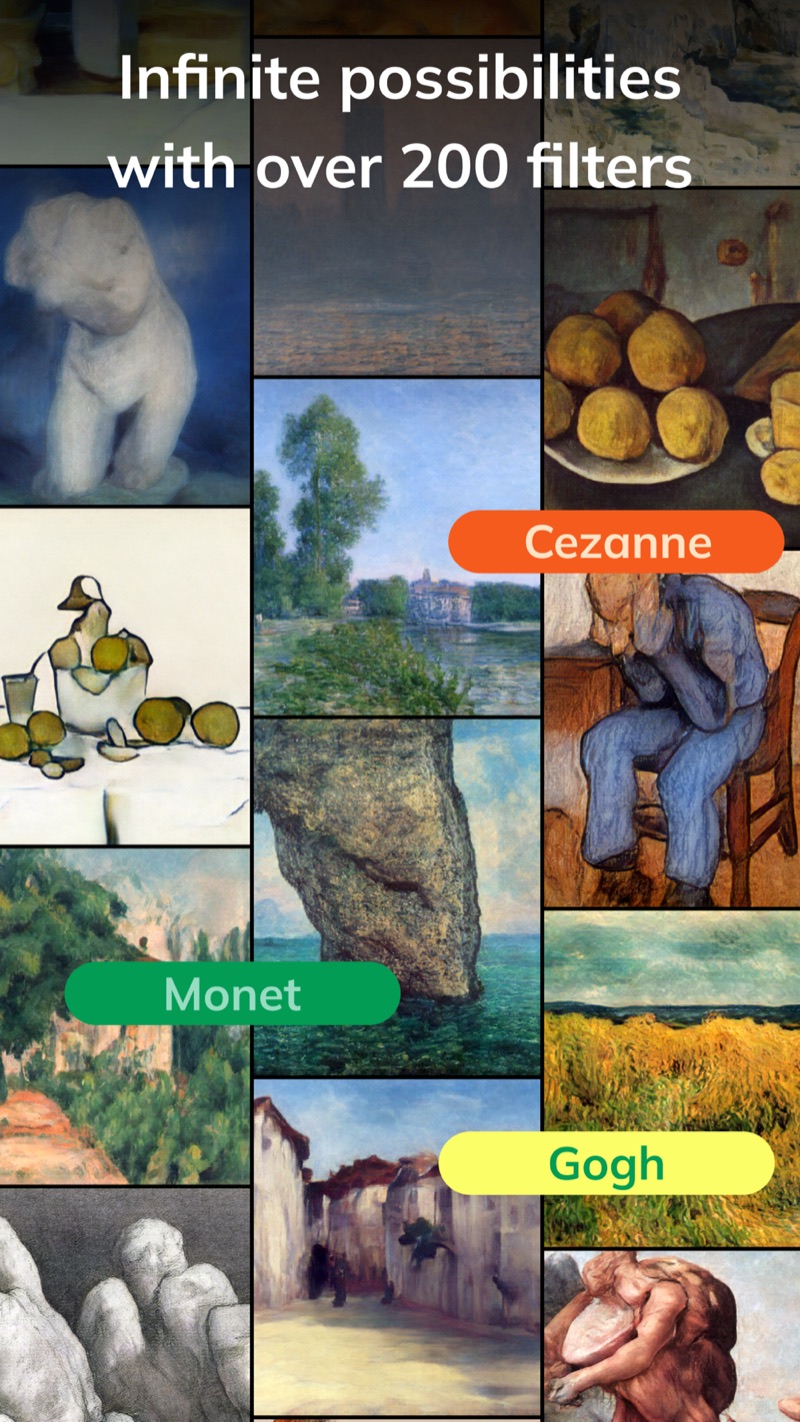 NeuralPaint banner with a collage of painter filter samples labeled Cezanne, Monet and Gogh