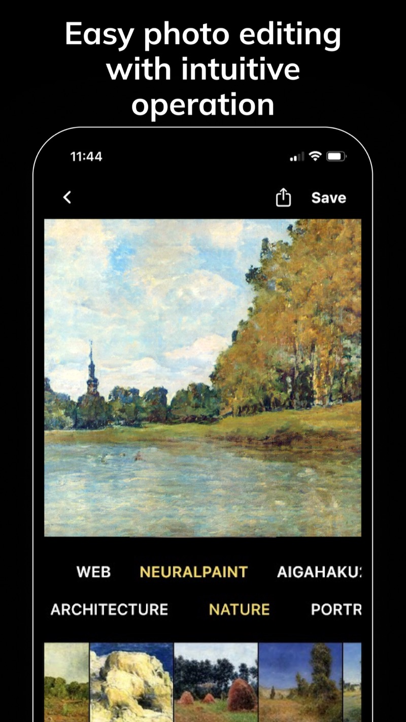 NeuralPaint result showing a lakeside landscape as an impressionist-style oil painting
